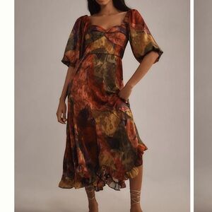 Anthropologie Hutch Printed Twist-Front Puff-Sleeve Ruffle-Hem Midi Dress